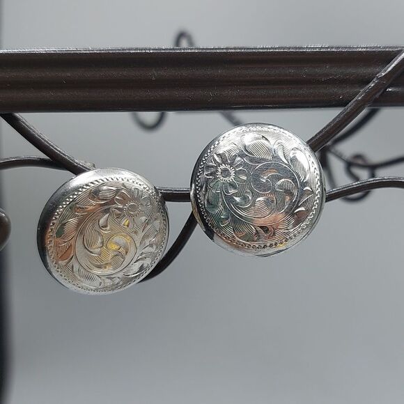 Vintage Jewelry - 1930s Burkhardt Jewelers Western Ornate Sterling Silver Screwback Earrings